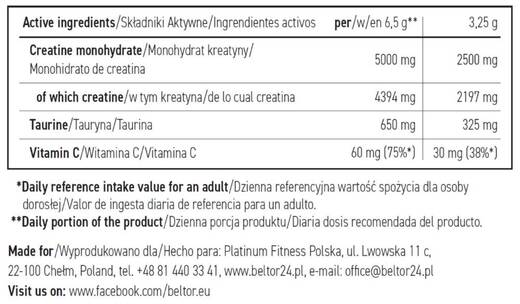 Kreatyna monohydrat Beltor Creatine Monohydrate A.T.P. 400 g. - czarna porzeczka
