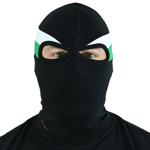 Black balaclava with white and green stripes