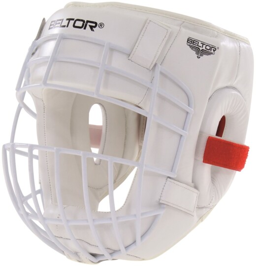 Kask do karate skórzany z kratką Beltor "Kumite Shiro-Aka" - biały-czerowny