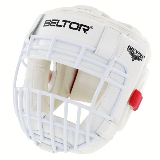 Kask do karate skórzany z kratką Beltor "Kumite Shiro-Aka" - biały-czerowny