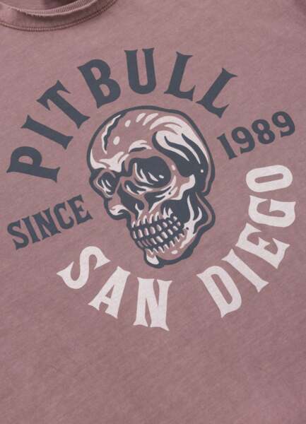PIT BULL Denim Washed Raw Men&#39;s T-Shirt &quot;SKULL LOGO&quot; - Burgundy