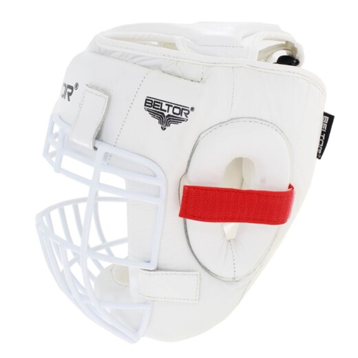 Kask do karate skórzany z kratką Beltor "Kumite Shiro-Aka" - biały-czerowny