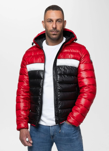 Kurtka zimowa PIT BULL pikowana z kapturem "SHATTO" - czerwony/czarny