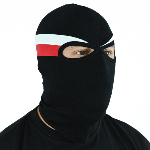 Black balaclava with white and red stripes
