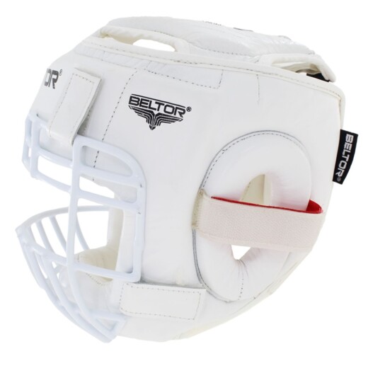 Kask do karate skórzany z kratką Beltor "Kumite Shiro-Aka" - biały-czerowny