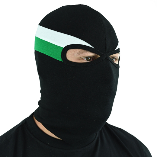 Black balaclava with white and green stripes
