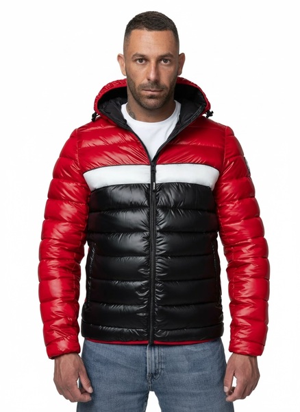 Kurtka zimowa PIT BULL pikowana z kapturem "SHATTO" - czerwony/czarny