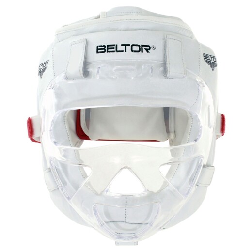 Kask karate z przezroczystą maską Beltor Junior Kumite Shiro-Aka