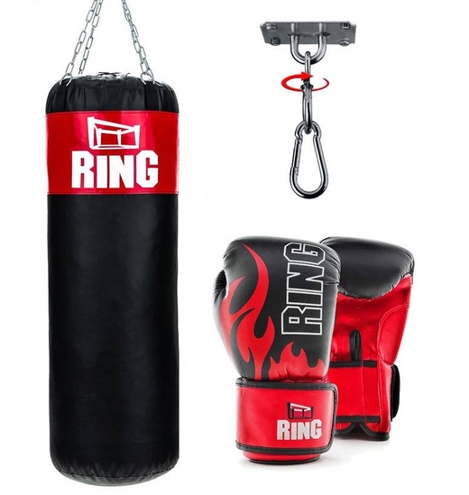 ZESTAW BOKSERSKI  Ring worek treningowy 100x35 + rękawice bokserskie + mocowanie 