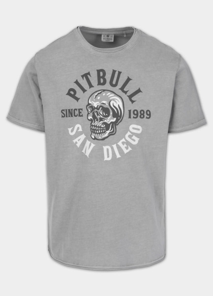 PIT BULL Denim Washed Raw Men&#39;s T-Shirt &quot;SKULL LOGO&quot; - Gray