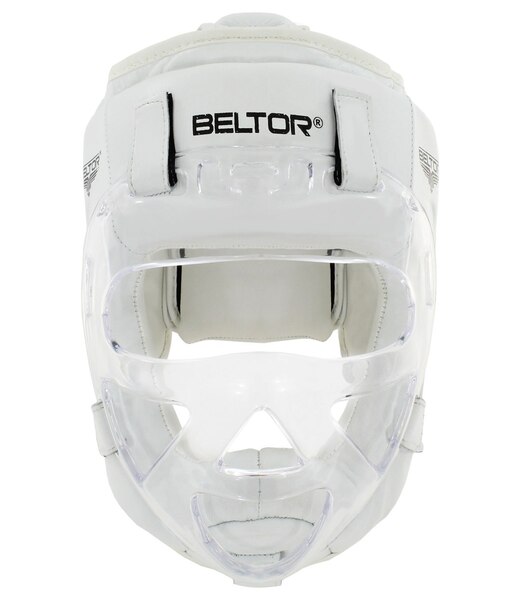 BELTOR KASK Z MASKĄ / SPARRING HEAD GUARD WITH MASK "COMBAT" biały - white + Premium rzep od środka L B3552