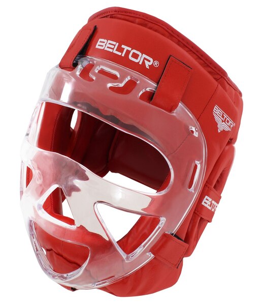 BELTOR KASK Z MASKĄ / SPARRING HEAD GUARD WITH MASK "COMBAT" czerwony - red + Premium rzep od środka XXS B3554