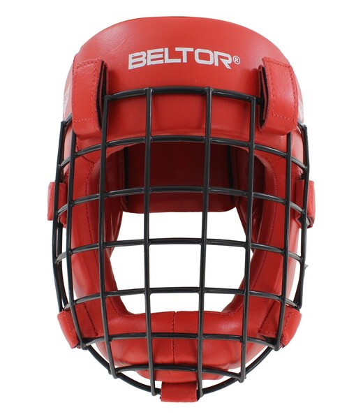 BELTOR KASK Z KRATKĄ / SPARRING HEAD GUARD WITH GRILLE "COMBAT"  czerwony - red + Premium rzepy od środka L B1296
