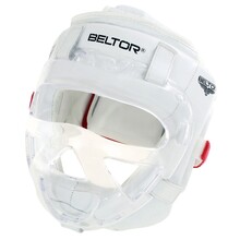 BELTOR KASK PRO KARATE Z MASKĄ / HEAD GUARD WITH MASK "KUMITE SHIRO-AKA" biały-czerwony/white-red     XS  B3543 + Premium rzepy