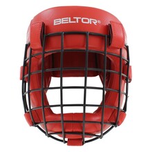 BELTOR KASK Z KRATKĄ / SPARRING HEAD GUARD WITH GRILLE "COMBAT"  czerwony - red + Premium rzepy od środka L B1296