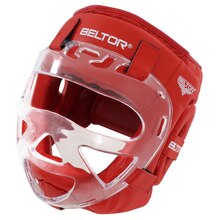 BELTOR KASK Z MASKĄ / SPARRING HEAD GUARD WITH MASK "COMBAT"  czerwony - red + Premium rzep od środka   S B3556